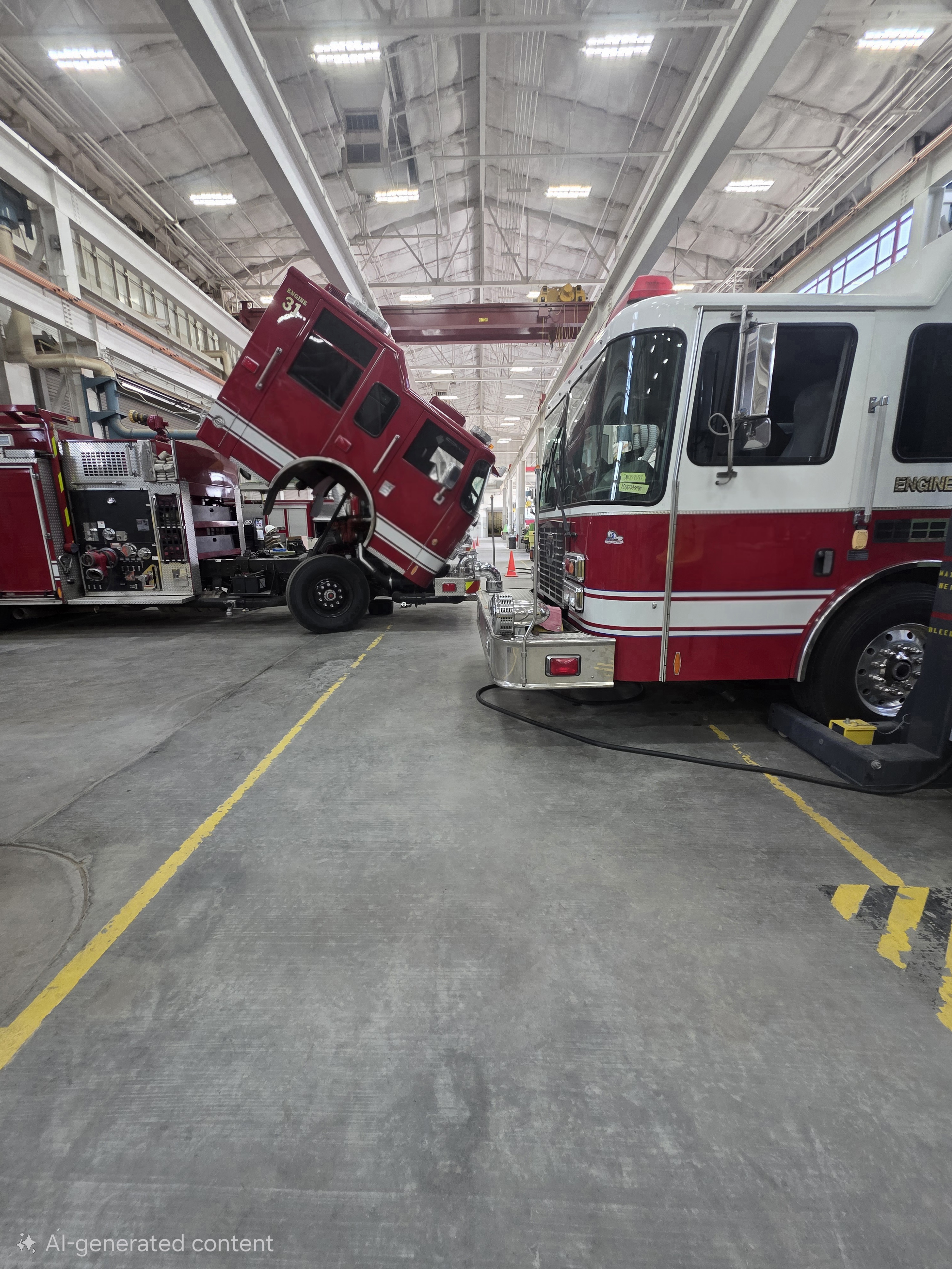 Fire apparatus lined up in large-scale maintenance bay with cab tilted for engine access